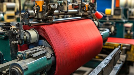 Obraz premium Industrial Red Fabric Production: Close-up of a Textile Winding Machine