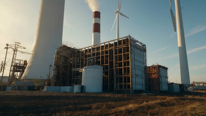 Industrial Factory with Smokestacks, Energy Plant Architecture, and Pollution Under Blue Sky