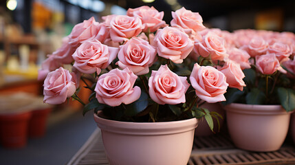 Beautiful Arrangement of Soft Pink Roses in a Decorative Pot at a Flower Market Displaying Fresh Blooms and Natural Beauty