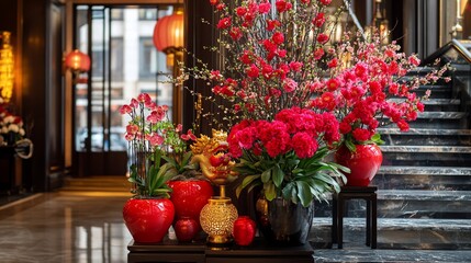 Fototapeta premium Luxurious Red Floral Arrangement in Grand Hotel Lobby