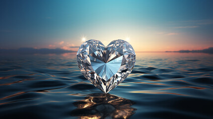 Fototapeta premium Heart-Shaped Diamond Sparkles on Calm Ocean Water at Sunset, Creating a Mesmerizing and Romantic Scene of Love and Beauty