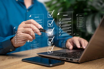 Document checklist online, Document management concept, Businessman checkmark on a document online,...