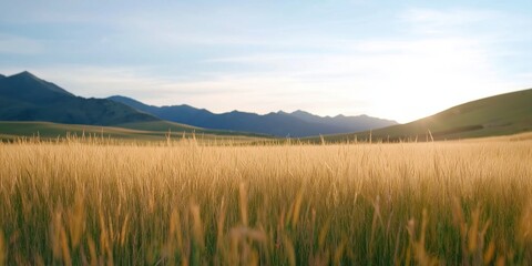 A field of tall grass with a clear blue sky in the background. The sun is shining brightly, making the grass look golden and vibrant. Concept of peace and tranquility