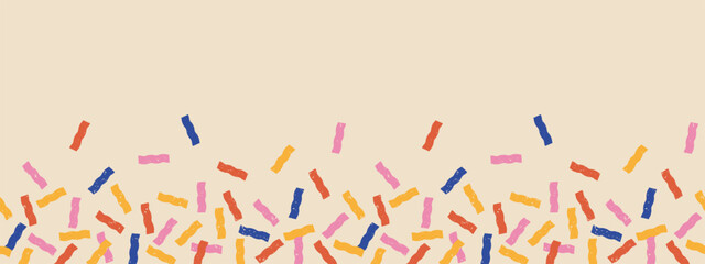Seamless abstract horizontal pattern, background of colorful confetti falling from top to bottom, wavy stripes on light background with chalk texture, flat style illustration, copy space