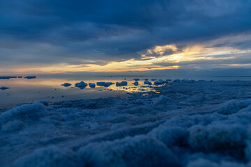 Beautiful sunset on the Elton salt lake. Volgograd region, Russia