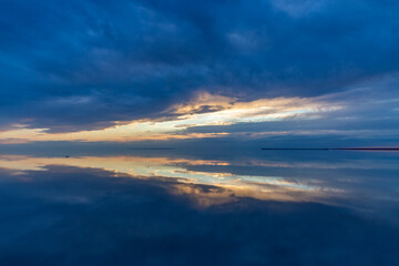 Beautiful sunset on the Elton salt lake. Volgograd region, Russia