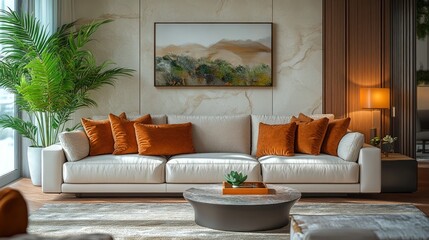 Modern living room, beige sofa, orange pillows.