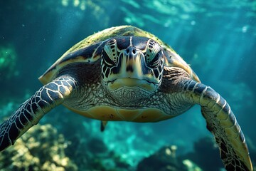 Fototapeta premium Green Sea Turtle Swimming Underwater Ocean