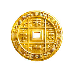 A 3D-rendered Chinese gold coin with intricate traditional patterns and a square cutout center, isolated on white background. Clipping path included. Designed using generative AI for cultural themes.