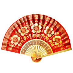 A 3D-rendered traditional Chinese folding fan in red and gold, adorned with floral patterns and intricate details, isolated on white background with path. Created using generative AI .