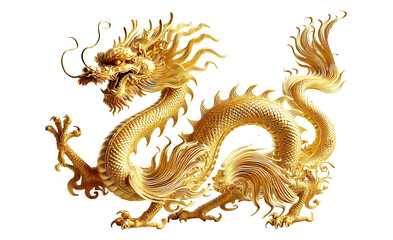 A 3D-rendered golden Chinese dragon with intricate scales, flowing mane, and dynamic pose, isolated on white background. Clipping path included. Designed using generative AI for cultural themes.