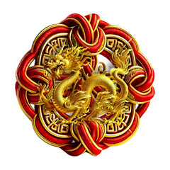 A luxurious Chinese golden dragon ornament interwoven with vibrant red threads, showcasing detailed craftsmanship and cultural heritage, isolated on white background. Designed using generative AI.