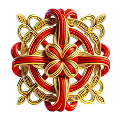 A 3D-rendered decorative knot featuring interwoven red threads and golden accents in a symmetrical floral design, isolated on white background. Clipping path included. Created using generative AI.