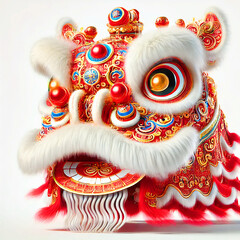 "A 3D-rendered traditional Chinese lion dance head in vibrant red, gold, and white, adorned with intricate patterns and fur accents, isolated on white background. Designed using generative AI."