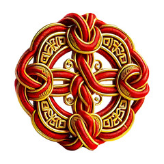 A 3D-rendered decorative knot featuring interwoven red threads and golden accents in a symmetrical floral design, isolated on white background. Clipping path included. Created using generative AI.