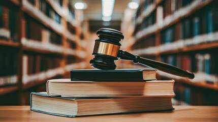 A gavel rests atop stacked books in a library, symbolizing law and justice, This image is perfect for legal websites, articles about the justice system, or educational materials related to law,