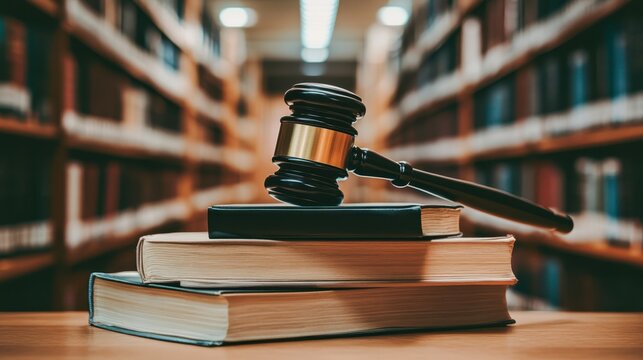 A gavel rests atop stacked books in a library, symbolizing law and justice, This image is perfect for legal websites, articles about the justice system, or educational materials related to law,