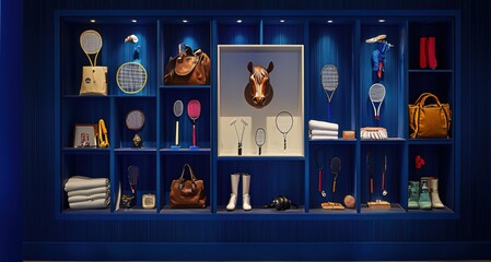 A Display of Luxury Sporting Goods in a Blue - lit Cabinet
