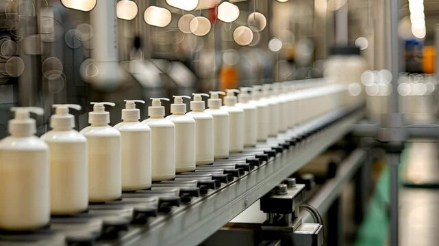 Cosmetics in bottles in production. Selective focus. white.