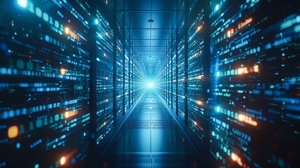 A futuristic corridor filled with glowing data streams and server racks, leading to a bright light, Ideal for tech-related projects, digital marketing, and depicting innovation in data centers,