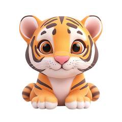 Naklejka premium A cute, cartoonish tiger figurine with large eyes, rounded features, and vibrant orange and black stripes, showcasing an adorable expression.
