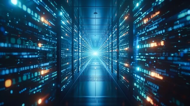 A futuristic corridor filled with glowing data streams and server racks, leading to a bright light, Ideal for tech-related projects, digital marketing, and depicting innovation in data centers, - Powered by Adobe