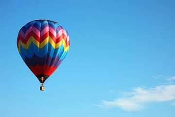 Naklejka premium A vibrant hot air balloon with multicolored chevron pattern floats gracefully against a clear, azure sky. A few wispy clouds are visible in the distance.