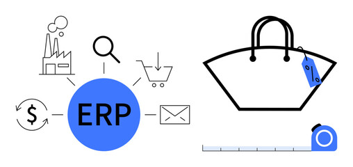 Factory, dollar sign, magnifying glass, shopping cart, mail envelope surrounding ERP circle. Bag with price tag and measuring tape. Ideal for business, manufacturing, retail logistics automation