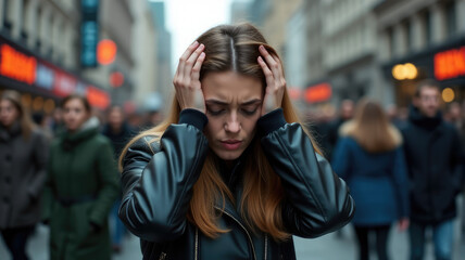 Fototapeta premium Urban Anxiety: Woman Struggling with Panic Attack on Noisy Street