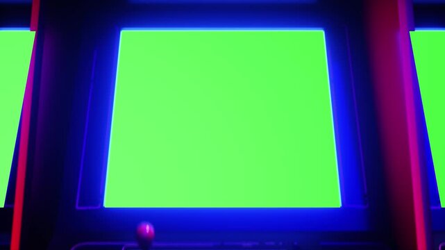 Vibrant Arcade Gaming Experience Bright Green and Blue Screens Illuminate Retro Technology for Ultimate Entertainment and Nostalgia
