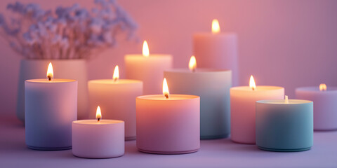 A collection of pastel-colored candleholders with lit candles, creating a serene and inviting atmosphere