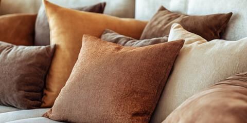 A cozy arrangement of textured throw pillows in warm earthy tones, highlighting comfort and elegance