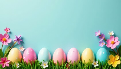 Pastel eggs, spring flowers, bunny decorations, seasonal, easter
