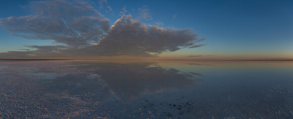 Beautiful sunrise on the Elton salt lake. Volgograd region, Russia