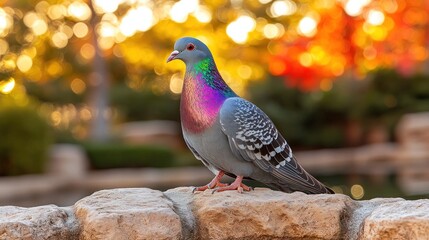 Iridescent pigeon perched on stone wall, autumn bokeh background.