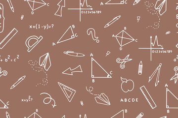 Seamless pattern with hand drawn school supplies. Back to school. Vector illustration. Vector illustration on mocha mousse background. Vector 