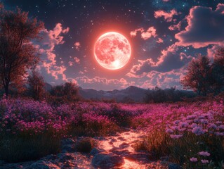 Pink full moon rising over a field of flowers and stream at night.
