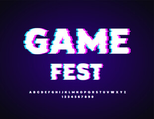 Vector digital logotype Game Fest. Bright Cyber Font. Glitched Pixels Alphabet Letters and Numbers set.
