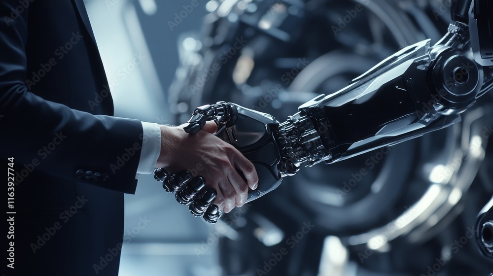 Aufkleber a human and a robotic arm shake hands, symbolizing collaboration between humans and advanced technol