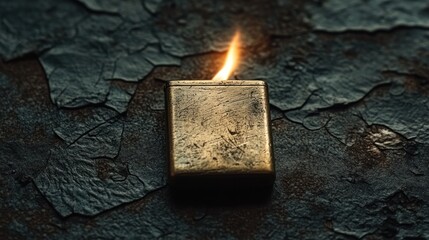 Lit vintage brass lighter on dark textured surface.