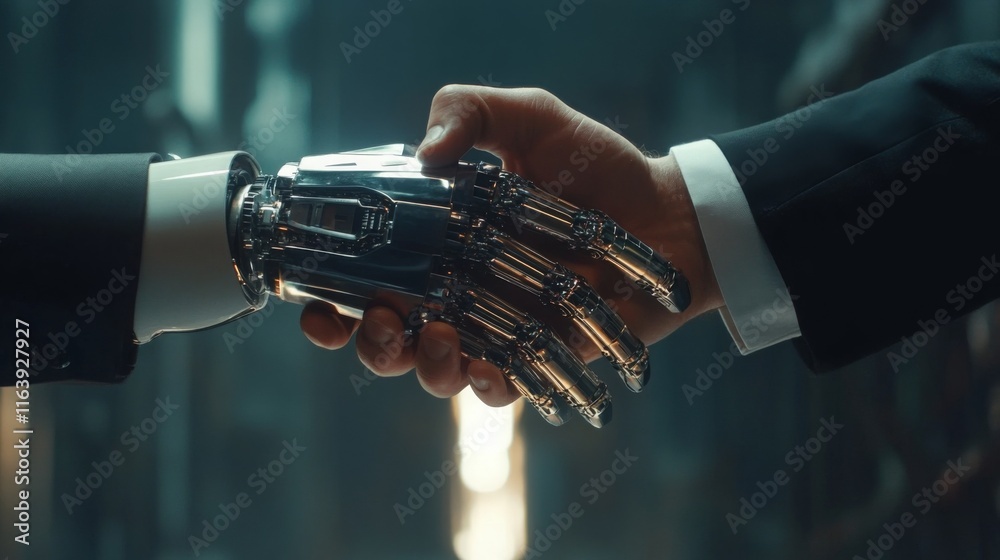Aufkleber a futuristic handshake between a robotic hand and a human hand symbolizes collaboration between tech