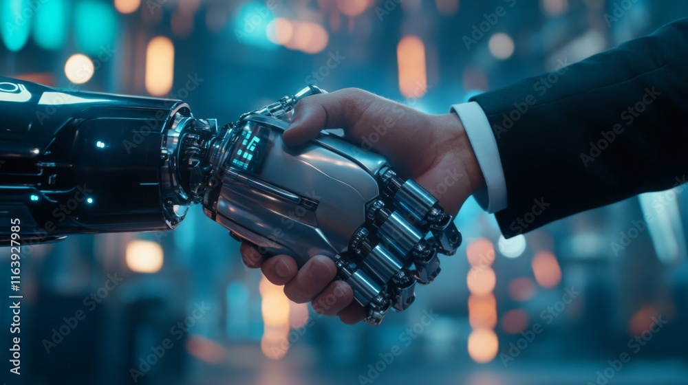 Aufkleber a futuristic handshake between a human and a robotic arm symbolizes collaboration and technological 