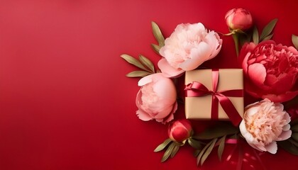 Fototapeta premium delicate peonies and gift box with space for text - template for unscrewing happy birthday, march 8, mother's day