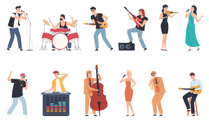 Musicians and singers. Different styles of music. People playing different instruments. Music festivals. Vector illustrations