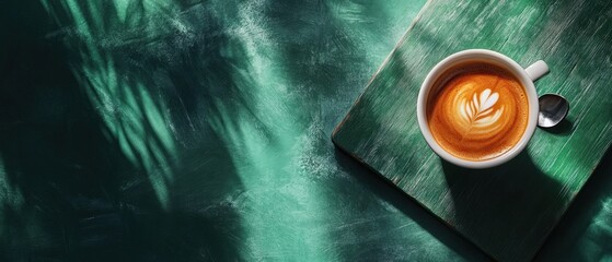 Latte art coffee cup on green wood surface.
