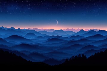 Naklejka premium Night sky over a vast mountain range, crescent moon, stars, silhouettes of trees and hills.