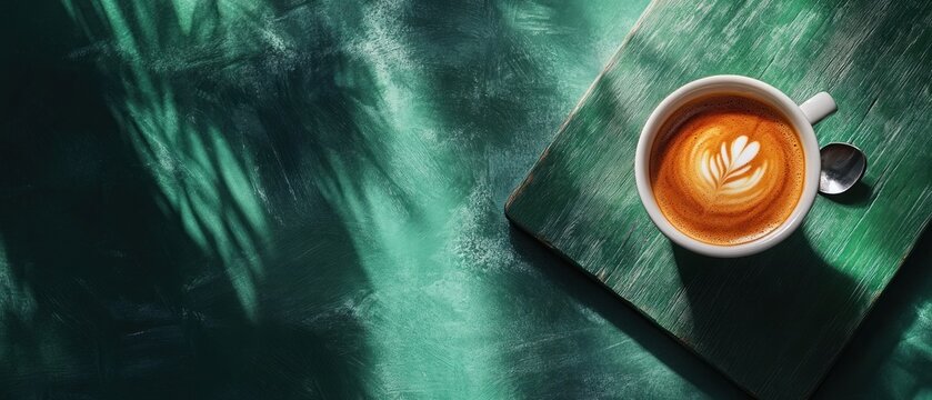 Latte art coffee cup on green wood surface.