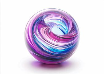 An abstract glass sphere with blue and purple swirls on a white background