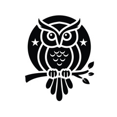 Black and white logo type owl on a branch, silhouette vector.