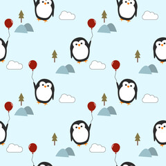 Penguin play balloon cartoon so cute. On mountain cloud tree light blue background. Pattern seamless vector illustration. 